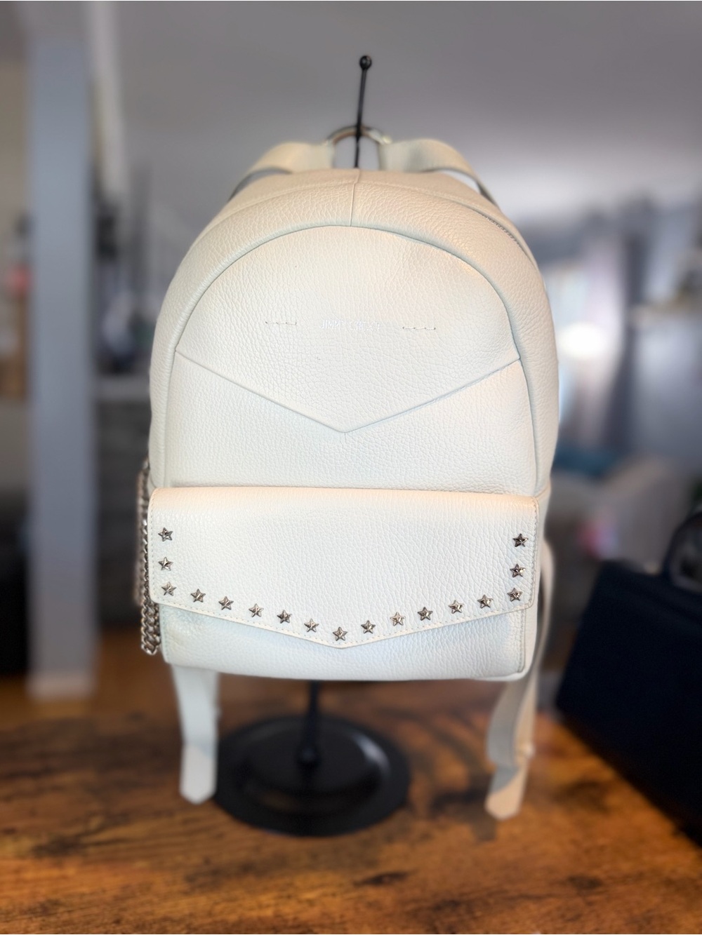 Jimmy Choo Cassie Backpaxk White Star-Studded, with chain accents LIKE NEW